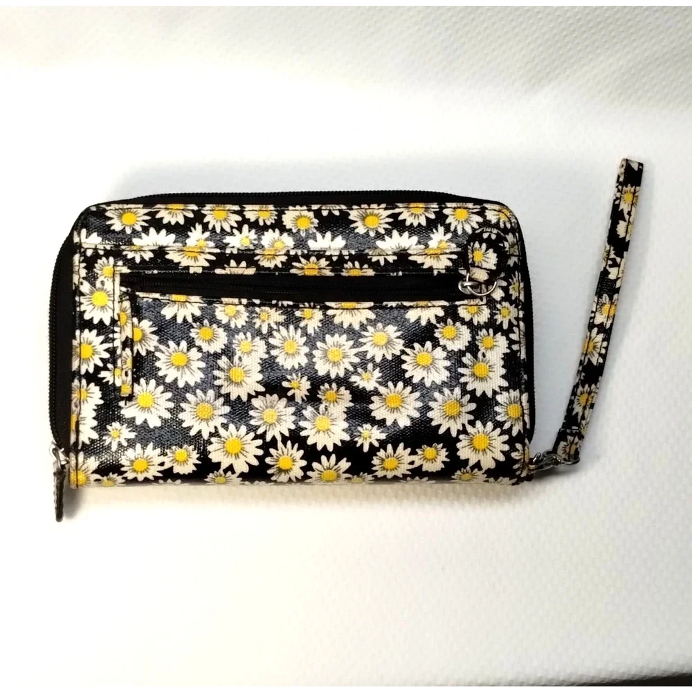 Safe Keeper Boho Daisy Floral Womens Wristlet Wallet Clutch Black Yellow Bag